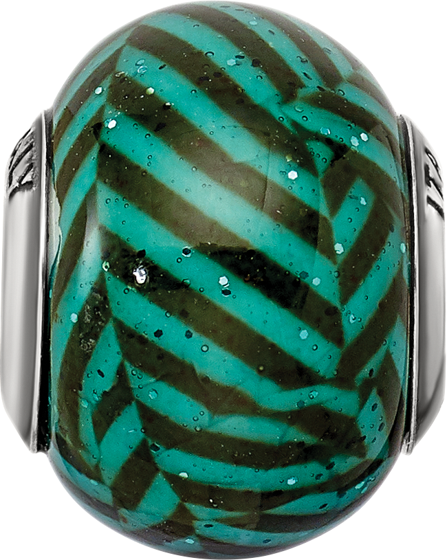 Italian Teal Stripe Glass Bead Charm in Sterling Silver