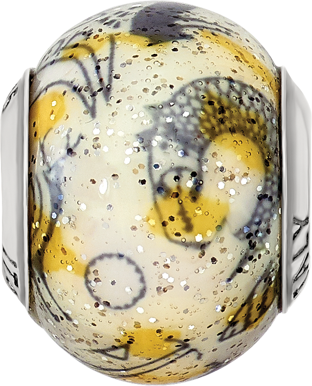 Sterling Silver 925 Glass Bead with Polished Yellow & White Italian Design