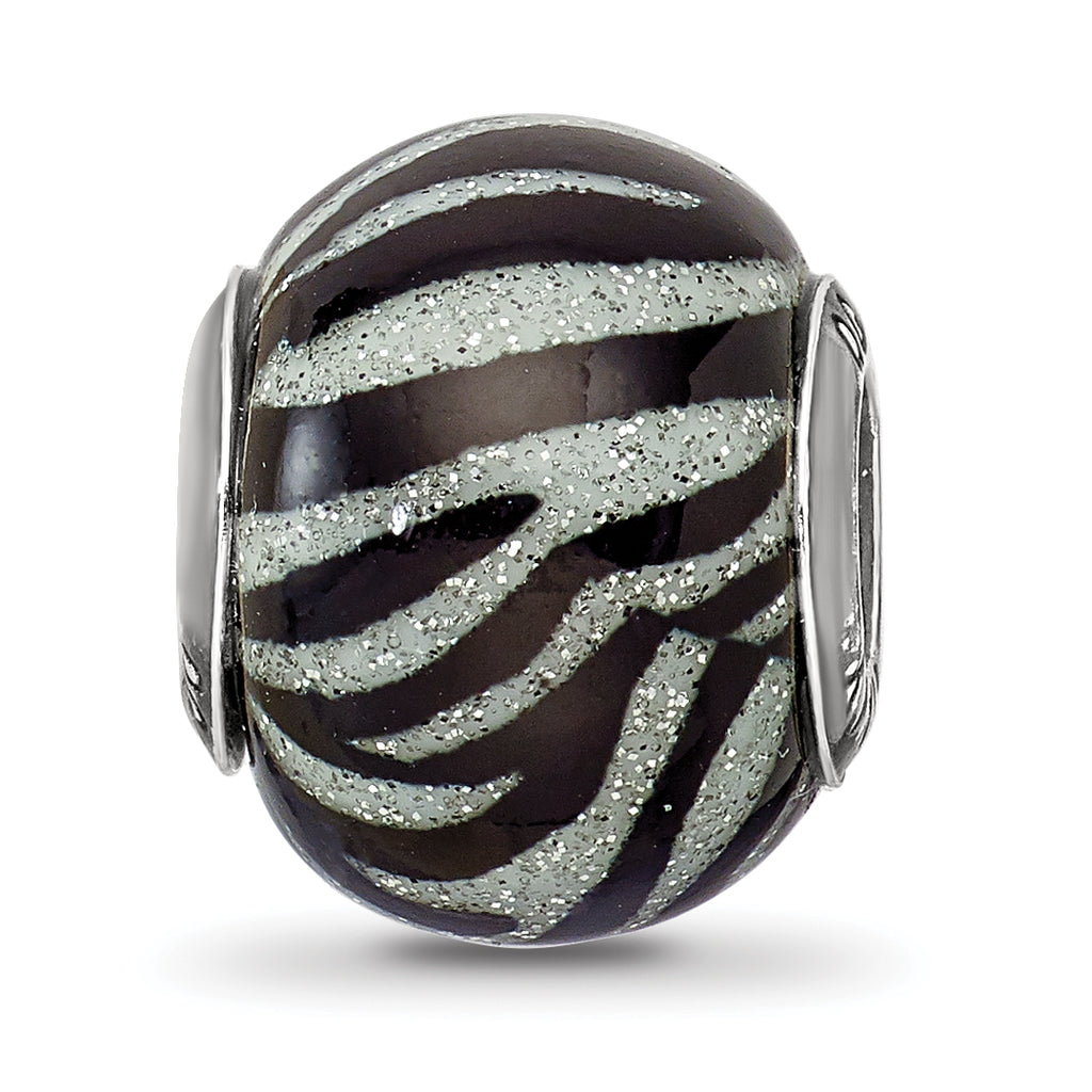 Sterling Silver Black & White Striped Glass Bead Polished Finish Elegant Style