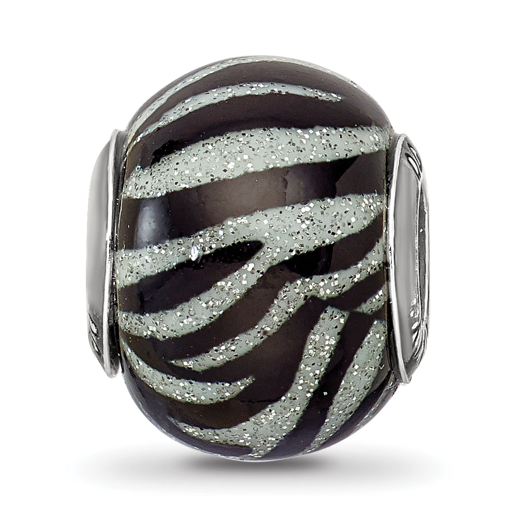 Sterling Silver Black & White Striped Glass Bead Polished Finish Elegant Style