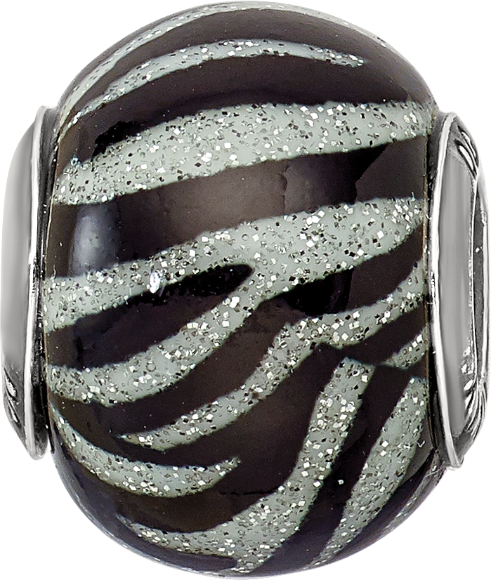 Sterling Silver Black & White Striped Glass Bead Polished Finish Elegant Style
