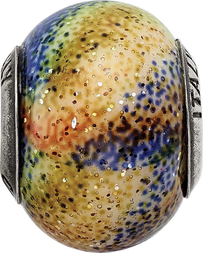Sterling Silver Italian Glass Bead with Blue, Orange & Green Polished Finish