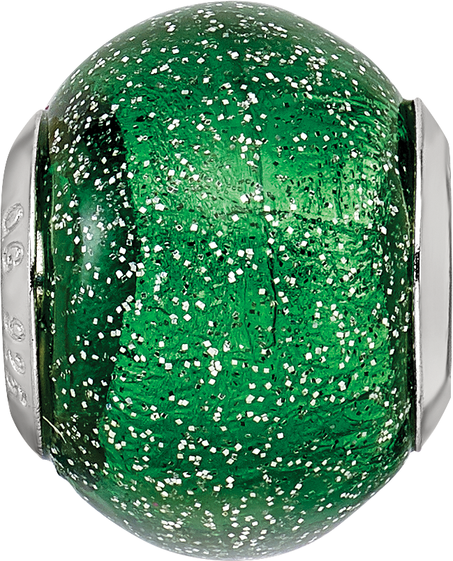 Sterling Silver 925 Green Glitter Glass Bead with Polished Finish
