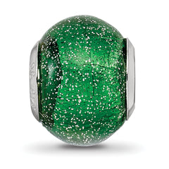 Sterling Silver Reflections Italian Green w/Silver Glitter Glass Bead