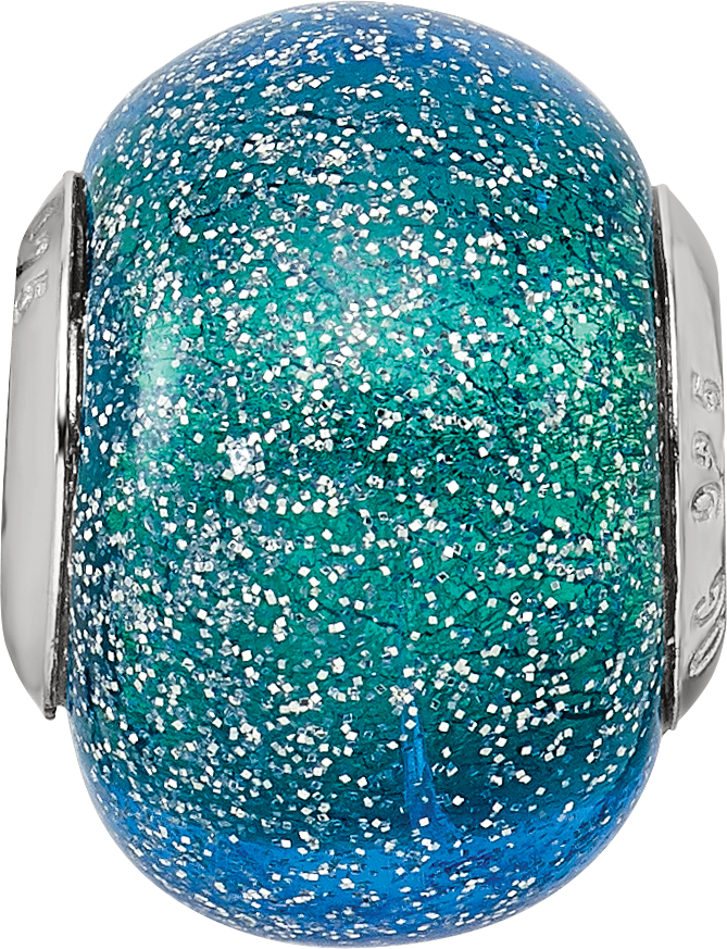 Sterling Silver 925 Glass Bead with Blue & Teal Glitter Sophisticated Polished Finish