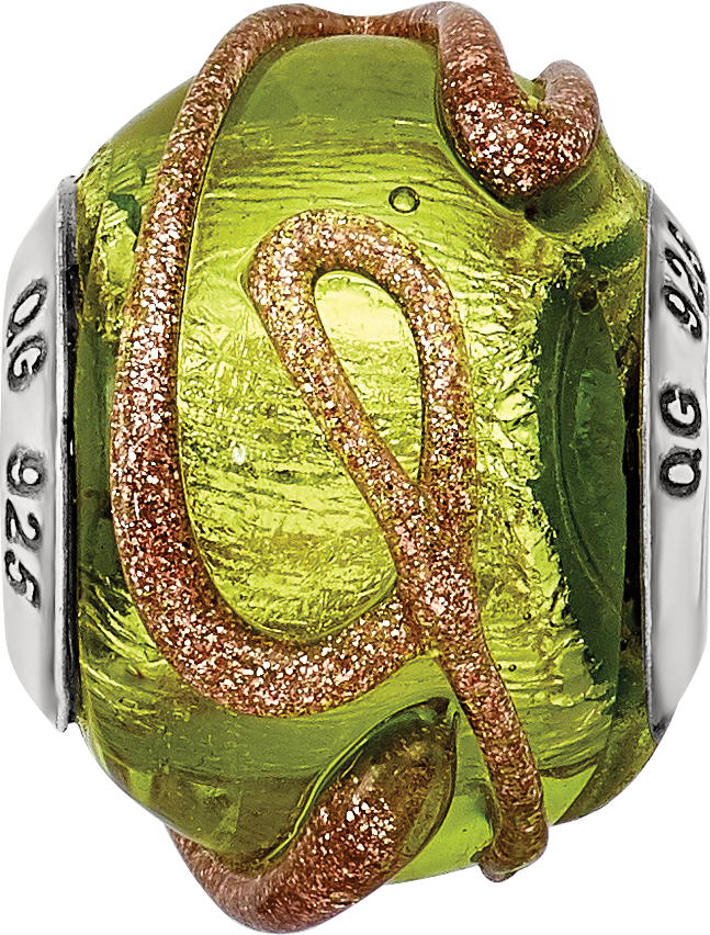 Sterling Silver 925 Glass Bead with Textured Light Green Design Polished Finish