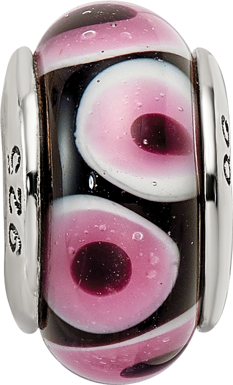 Sterling Silver 925 Antiqued Glass Bead in Black and Pink Hand-Blown Design