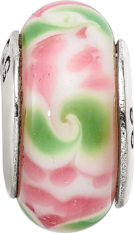 Sophia Jewelers Sterling Silver Glass Bead with Hand-Blown Pink/Green Design
