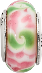 Sophia Jewelers Sterling Silver Glass Bead with Hand-Blown Pink/Green Design