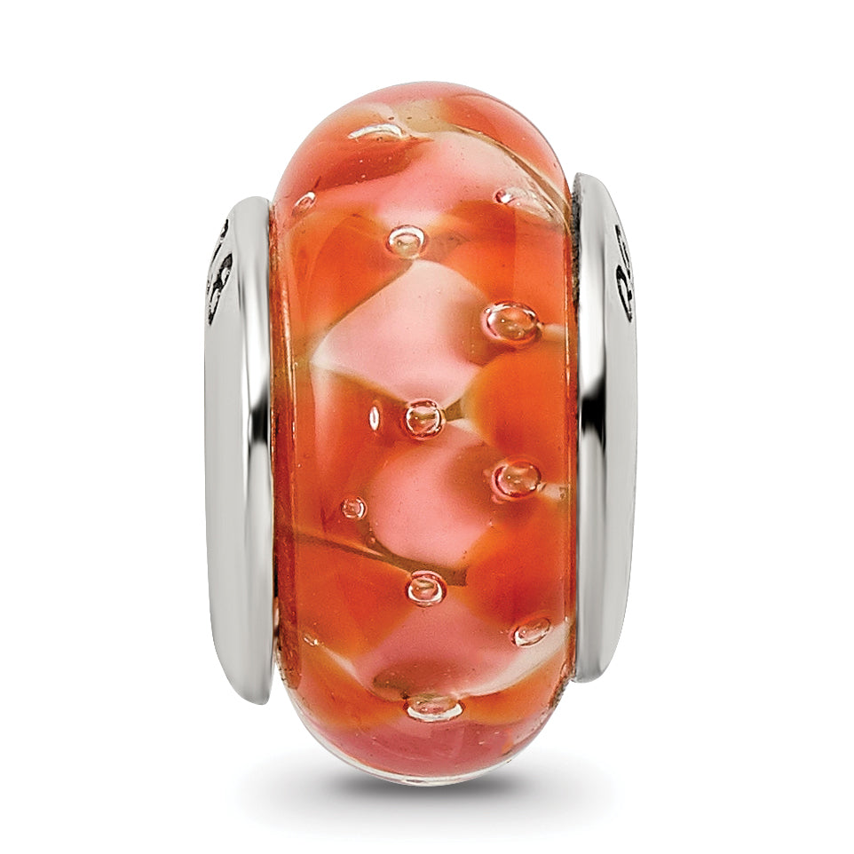 Sterling Silver 925 Hand-Blown Orange Glass Bead with Antiqued Finish