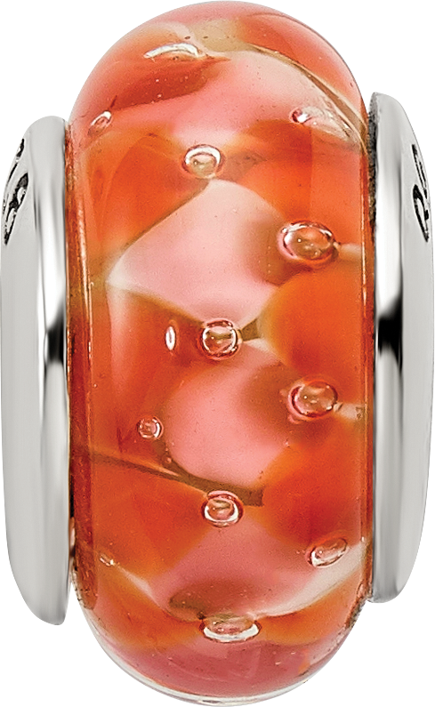 Sterling Silver 925 Hand-Blown Orange Glass Bead with Antiqued Finish