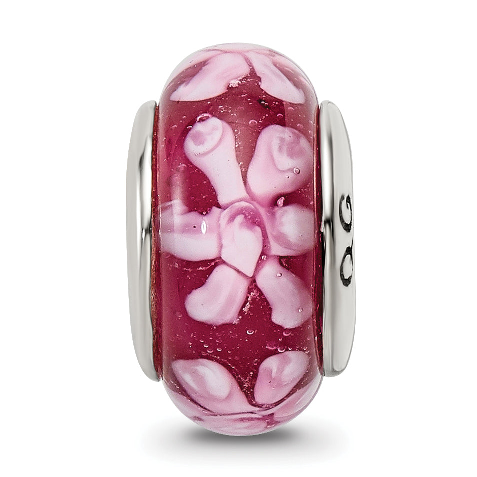 Sterling Silver 925 Hand-Blown Glass Bead with Purple Floral Design