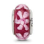 Sterling Silver 925 Hand-Blown Glass Bead with Purple Floral Design