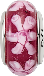 Sterling Silver 925 Hand-Blown Glass Bead with Purple Floral Design