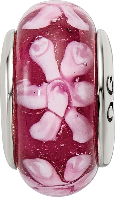 Sterling Silver 925 Hand-Blown Glass Bead with Purple Floral Design