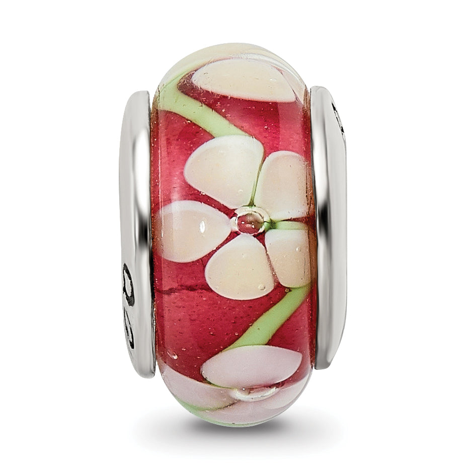 Sterling Silver 925 Red Floral Hand-Blown Glass Bead with Antiqued Finish