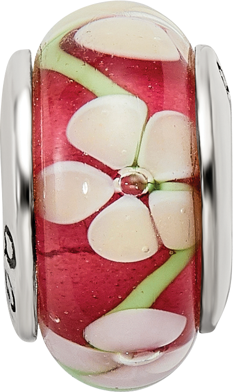 Sterling Silver Reflections Red Floral Hand-blown Glass Bead
