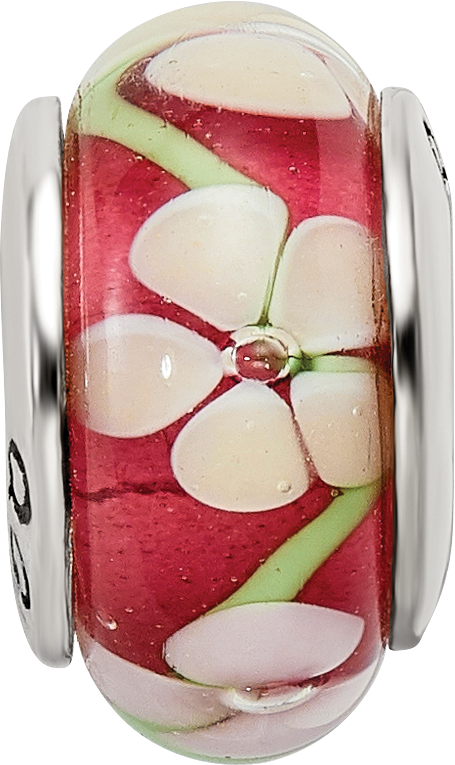 Sterling Silver 925 Red Floral Hand-Blown Glass Bead with Antiqued Finish