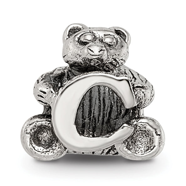 Sterling Silver 925 Antiqued Kids Letter C Bead  Polished Solid Design