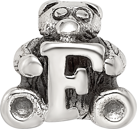 Sterling Silver 925 Kids Letter F Bead with Polished Antique Finish