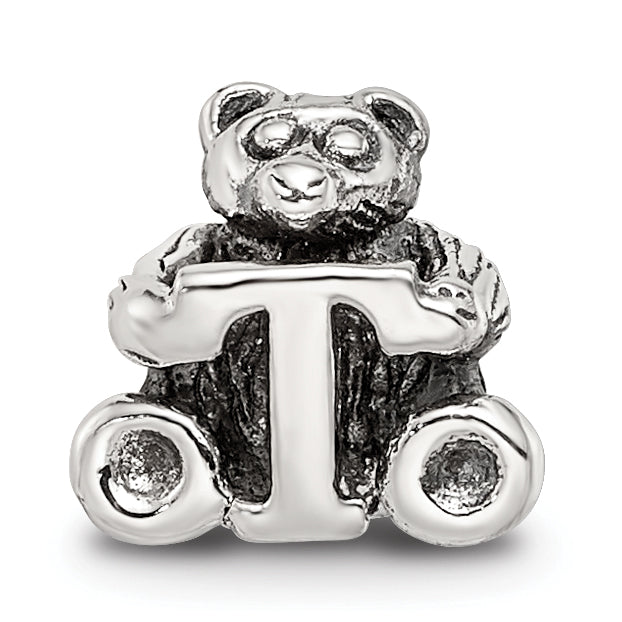 Sterling Silver 925 Antiqued Kids Bead with Polished Finish Letter T