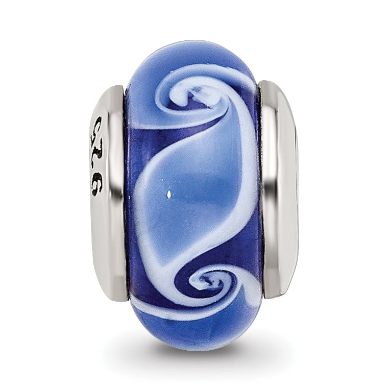 Kids Collection Sterling Silver Hand-blown Blue Glass Wave Pattern Reflections Bead
